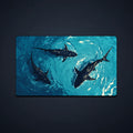 MTG playmat featuring three dark sharks swimming through a swirling turquoise ocean, a vivid shark playmat for TCG and Commander games.