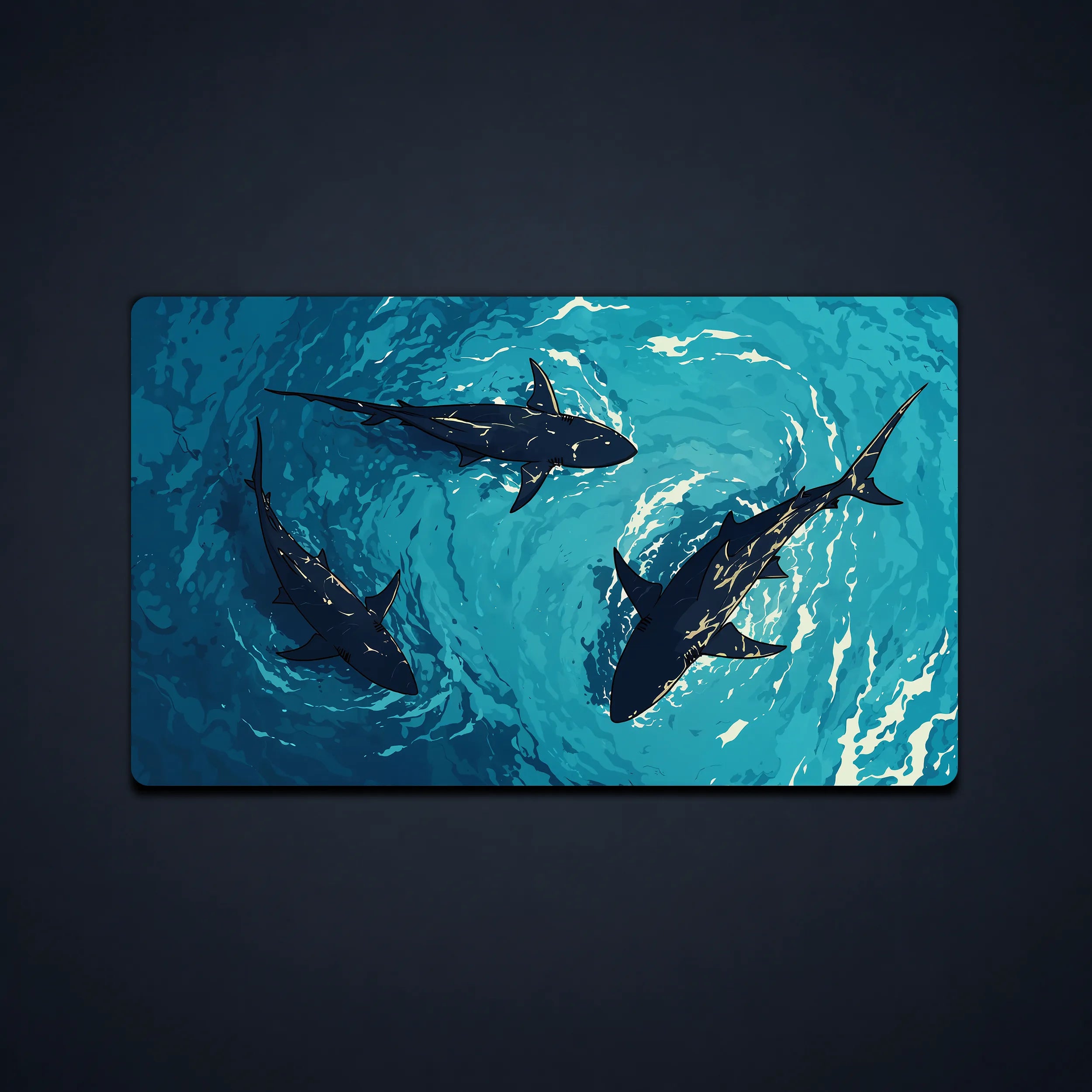 MTG playmat featuring three dark sharks swimming through a swirling turquoise ocean, a vivid shark playmat for TCG and Commander games.