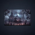MTG playmat featuring a moonlit gothic castle above a foggy graveyard with flying bats, a dark fantasy TCG playmat for card games.