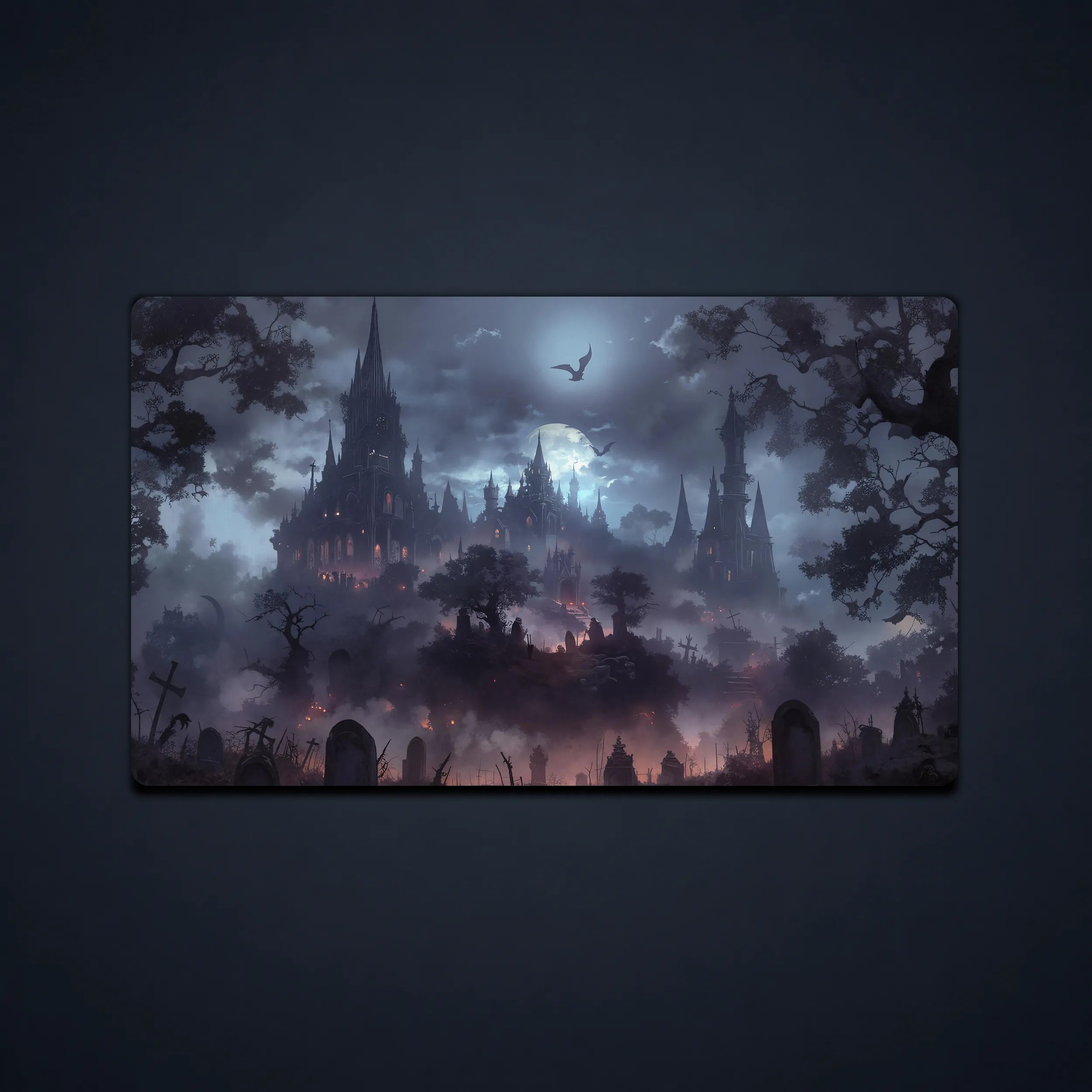 MTG playmat featuring a moonlit gothic castle above a foggy graveyard with flying bats, a dark fantasy TCG playmat for card games.