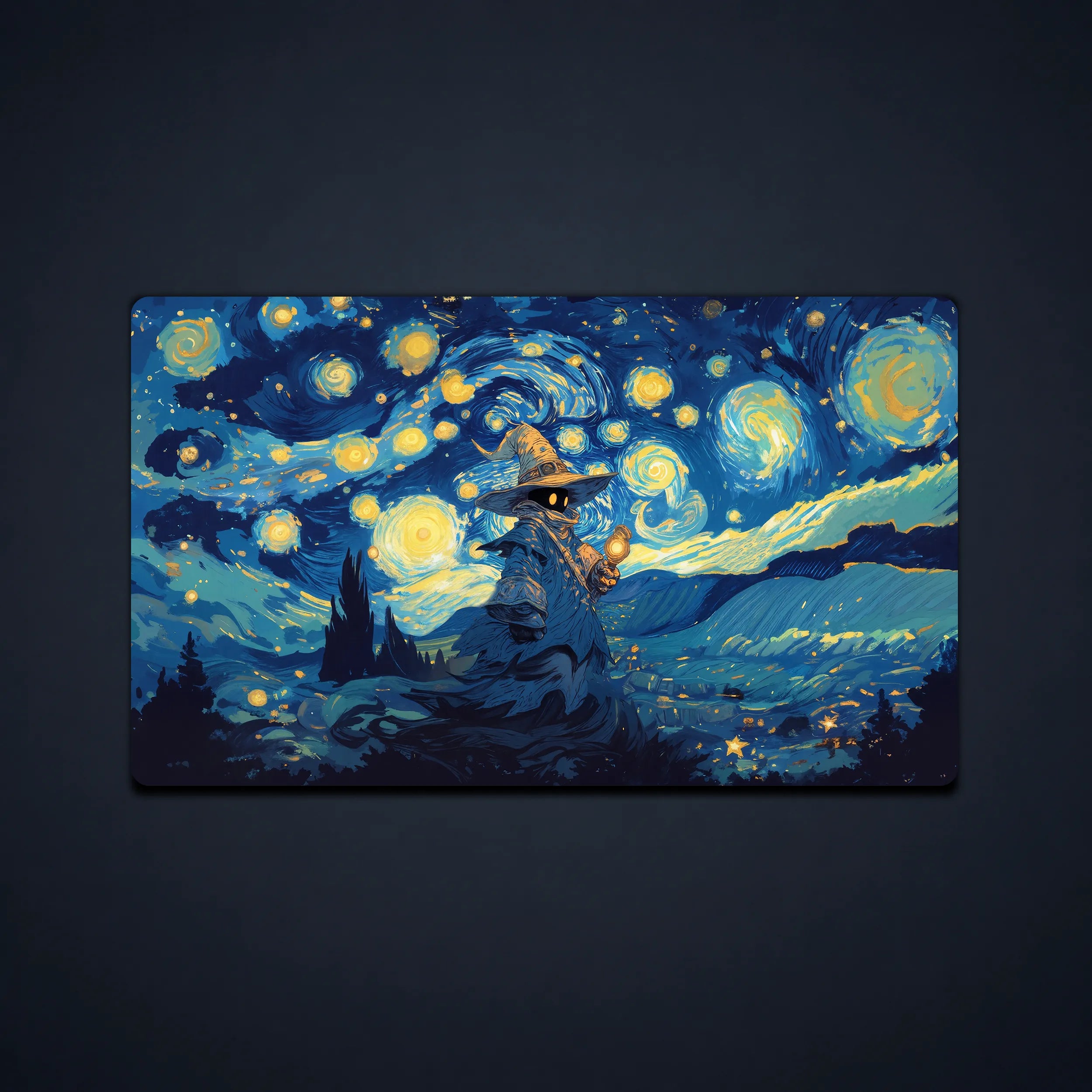 MTG playmat featuring Vivi beneath a swirling blue and gold starry sky, designed as a vibrant Final Fantasy playmat for tabletop card games.