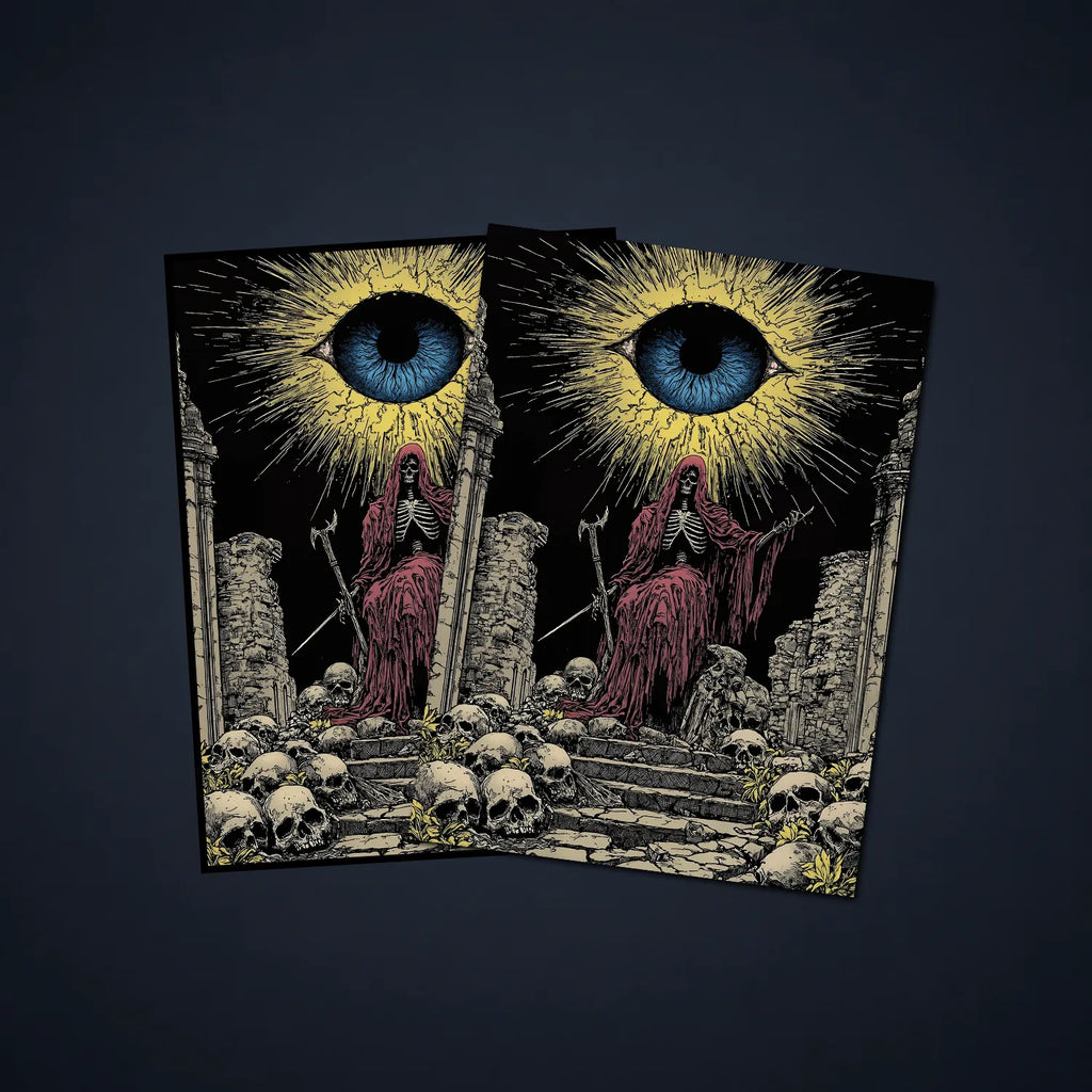 MTG card sleeves featuring a hooded skeleton surrounded by skulls beneath a glowing blue eye, designed as gothic card sleeves for dark fantasy decks.