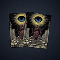 MTG card sleeves featuring a hooded skeleton surrounded by skulls beneath a glowing blue eye, designed as gothic card sleeves for dark fantasy decks.