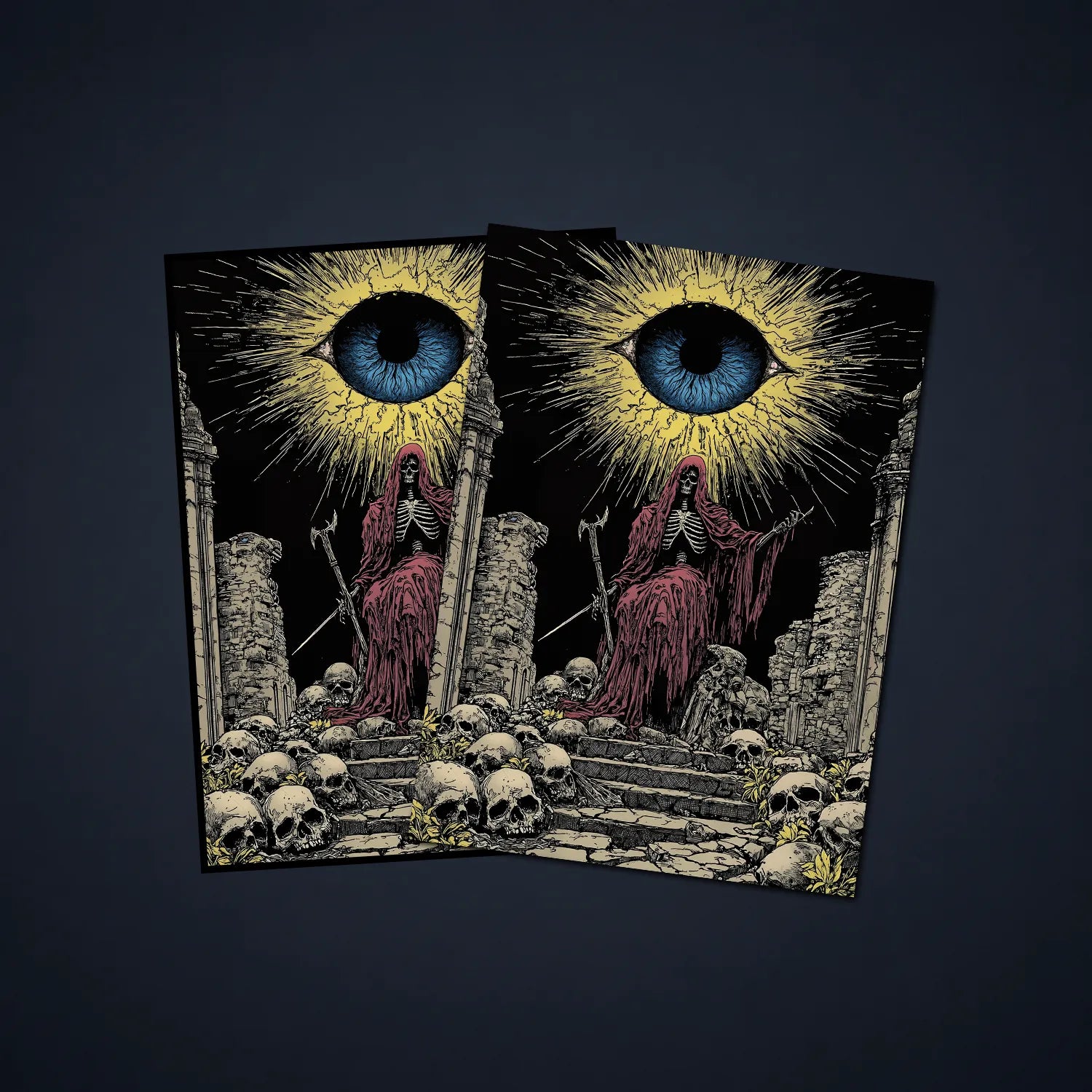 MTG card sleeves featuring a hooded skeleton surrounded by skulls beneath a glowing blue eye, designed as gothic card sleeves for dark fantasy decks.