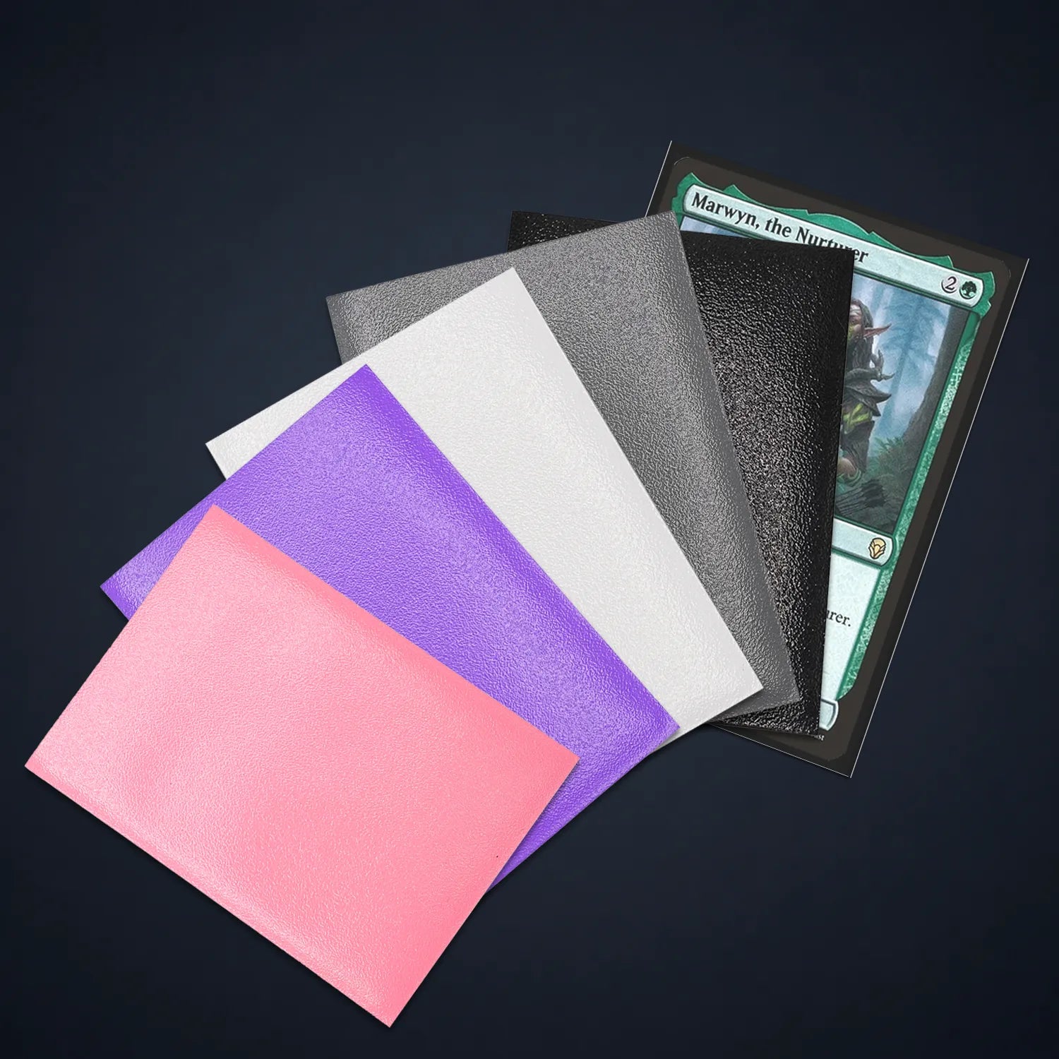 A set of translucent acrylic card sleeves in various colors including pink, purple, white, gray, and black, with a Magic: The Gathering card inside a black sleeve, displayed on a dark background.