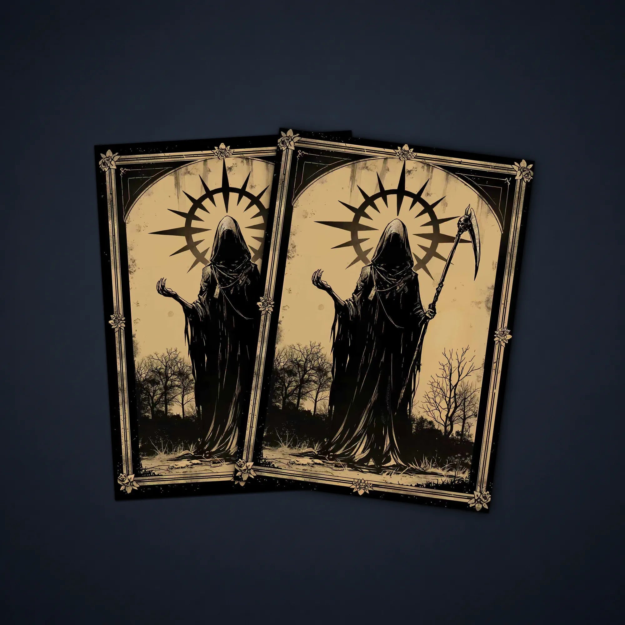 MTG card sleeves featuring a hooded reaper holding a scythe beneath a dark halo, designed as vintage-style reaper card sleeves for fantasy decks.