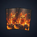 MTG card sleeves featuring a cute rabbit surrounded by flames and skulls in a burning forest, designed as dramatic rabbit card sleeves for fantasy decks.