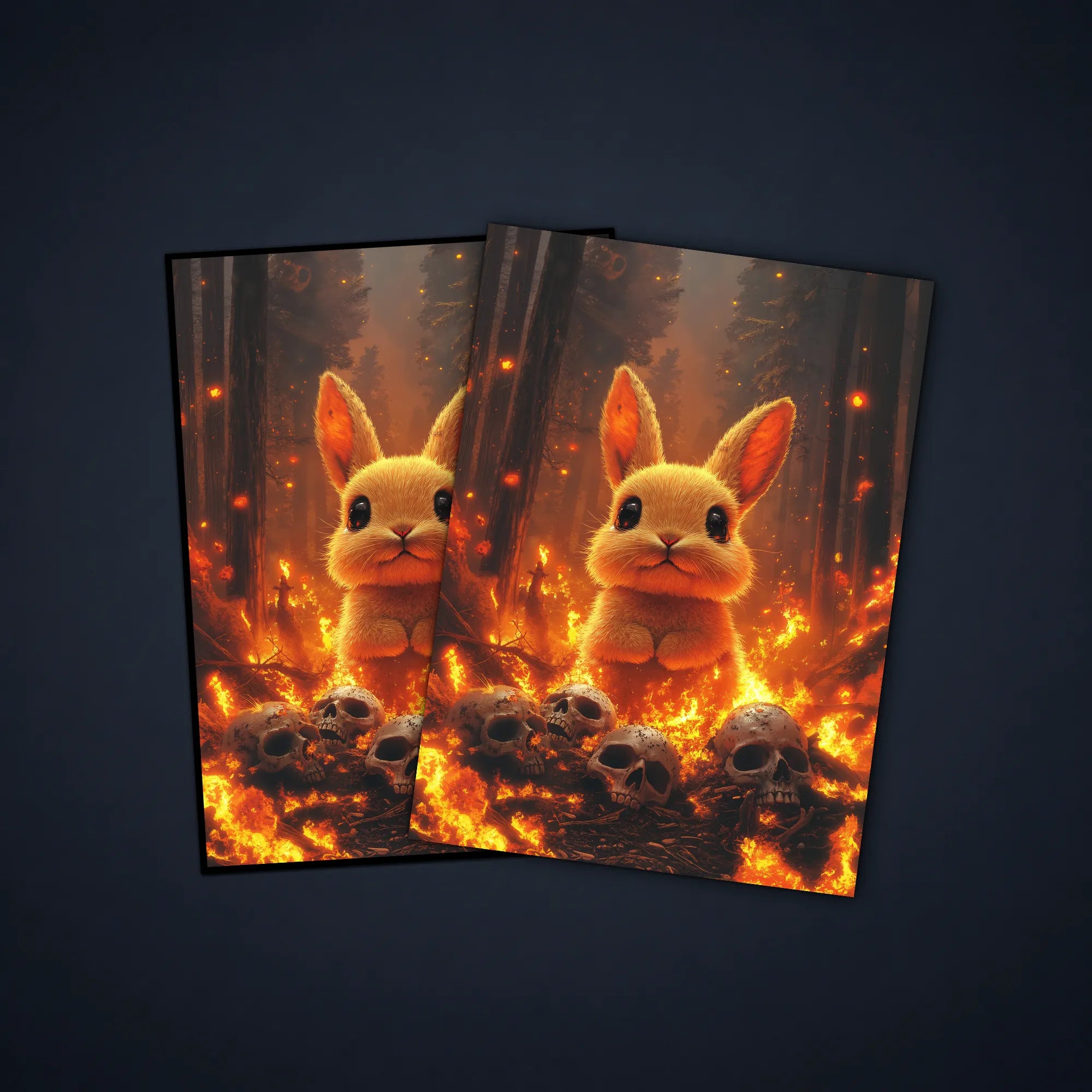 MTG card sleeves featuring a cute rabbit surrounded by flames and skulls in a burning forest, designed as dramatic rabbit card sleeves for fantasy decks.