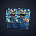 MTG card sleeves featuring Vivi holding a glowing staff beneath a swirling blue and gold sky, designed as colorful Final Fantasy card sleeves for fantasy decks.