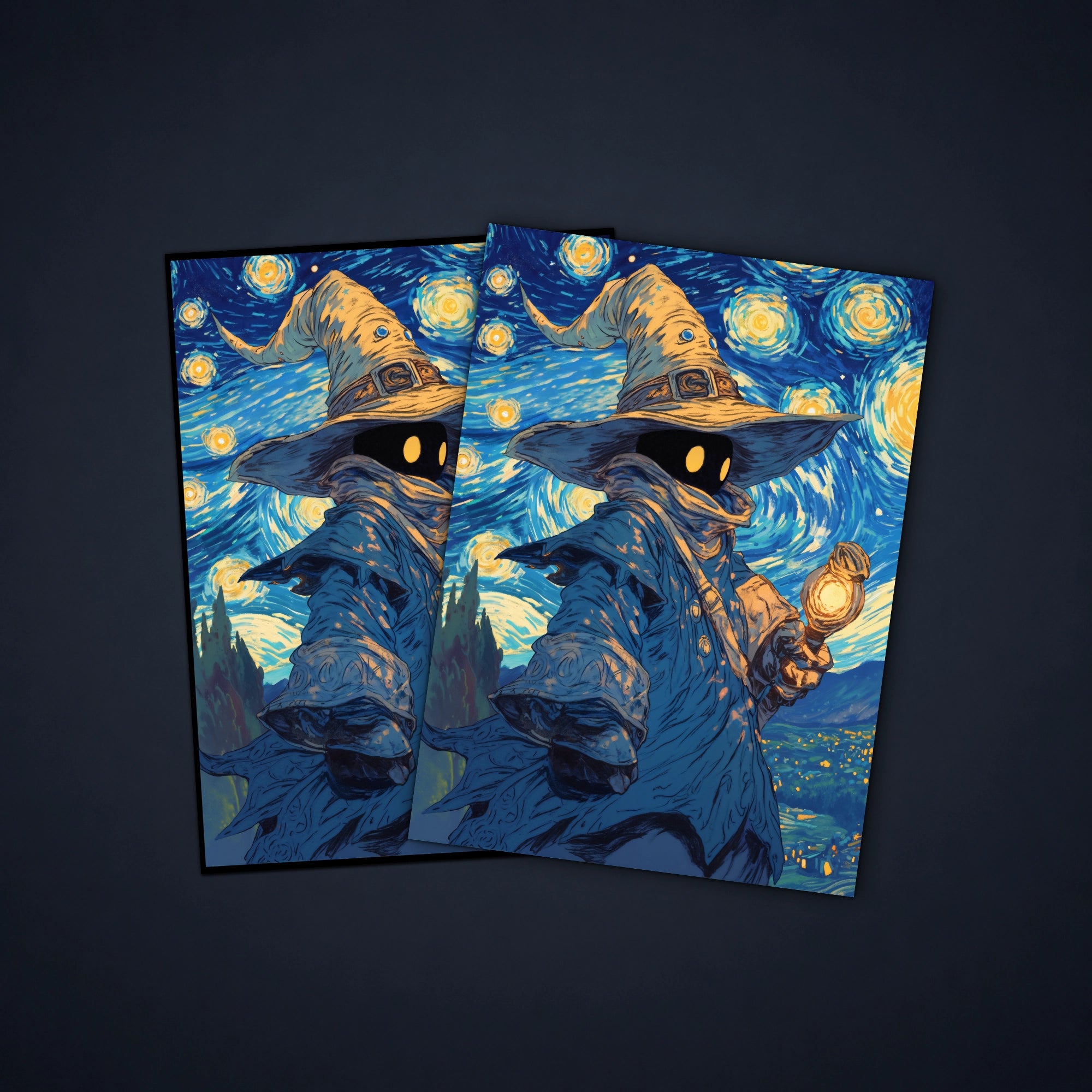 MTG card sleeves featuring Vivi holding a glowing staff beneath a swirling blue and gold sky, designed as colorful Final Fantasy card sleeves for fantasy decks.