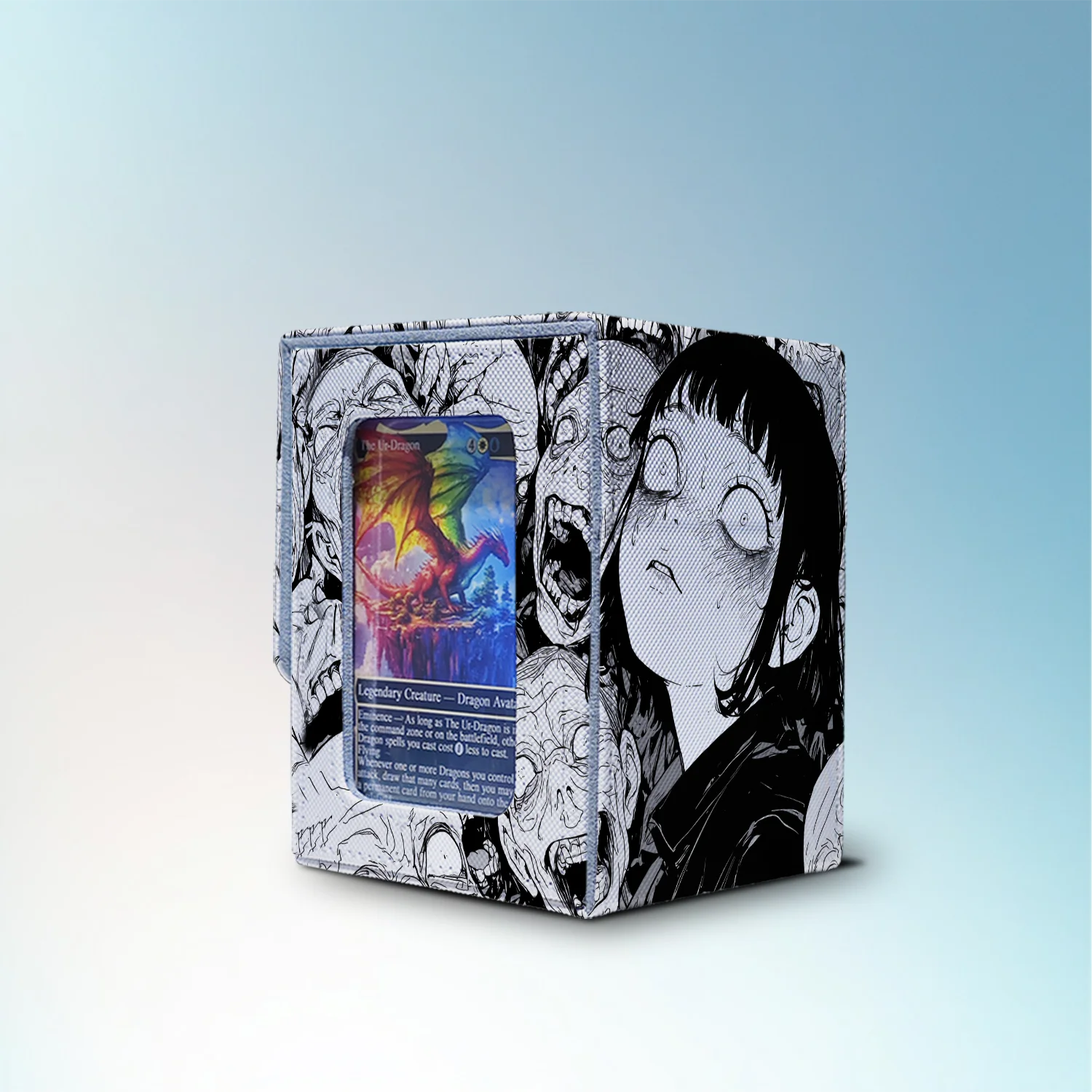 Junji Ito style horror Commander deck box with black and white manga artwork and side card display window