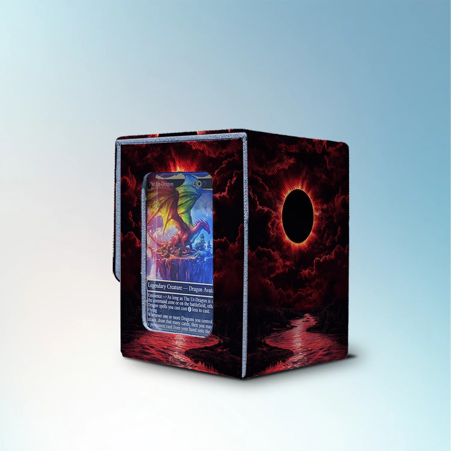 Crimson eclipse Commander deck box for MTG deck storage with dark fantasy artwork and side card display window