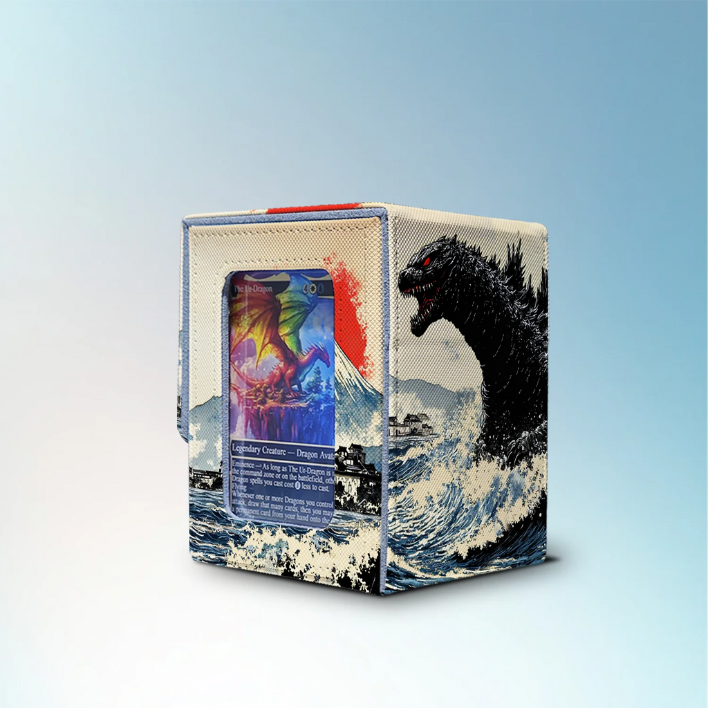 Godzilla-inspired Commander deck box with black kaiju, Japanese wave artwork and side card display window