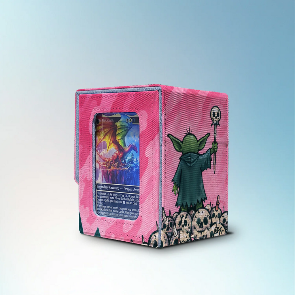 Goblin Commander deck box for Goblin Storm deck storage with pink skull artwork and side card display window