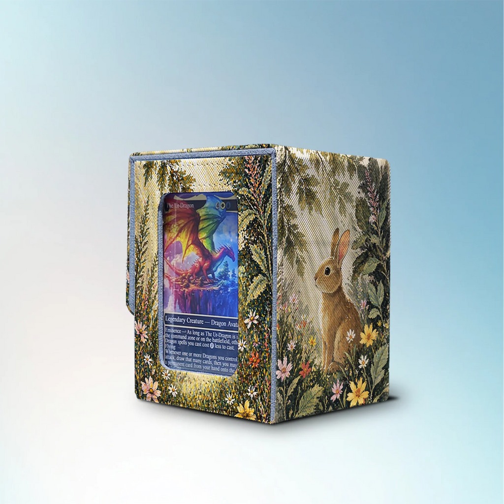 Rabbit Commander deck box for MTG and TCG cards with woodland wildflower artwork and side display window
