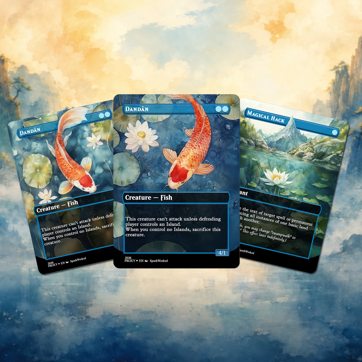 Proxy Commander deck featuring koi fish, lotus flowers and blue watercolor card designs, created as an MTG Dandan deck for casual play.