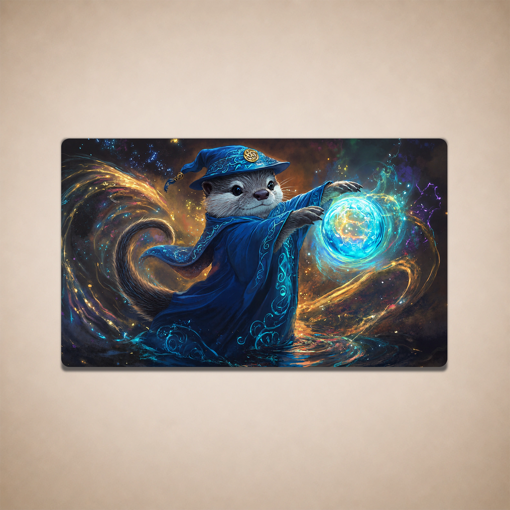 Fantasy otter wizard MTG playmat with glowing magic orb artwork for TCG and Commander card games