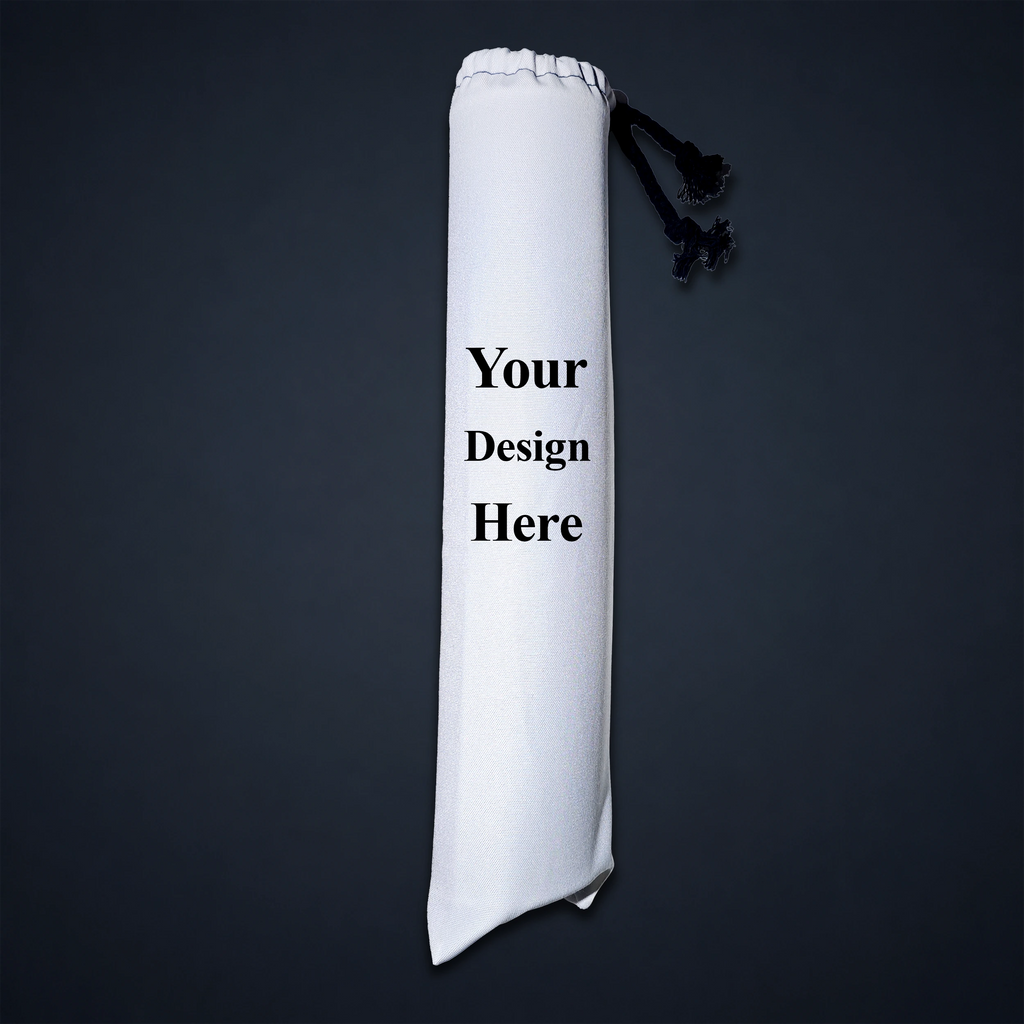 White custom playmat bag with a printable full-surface canvas exterior and drawstring closure
