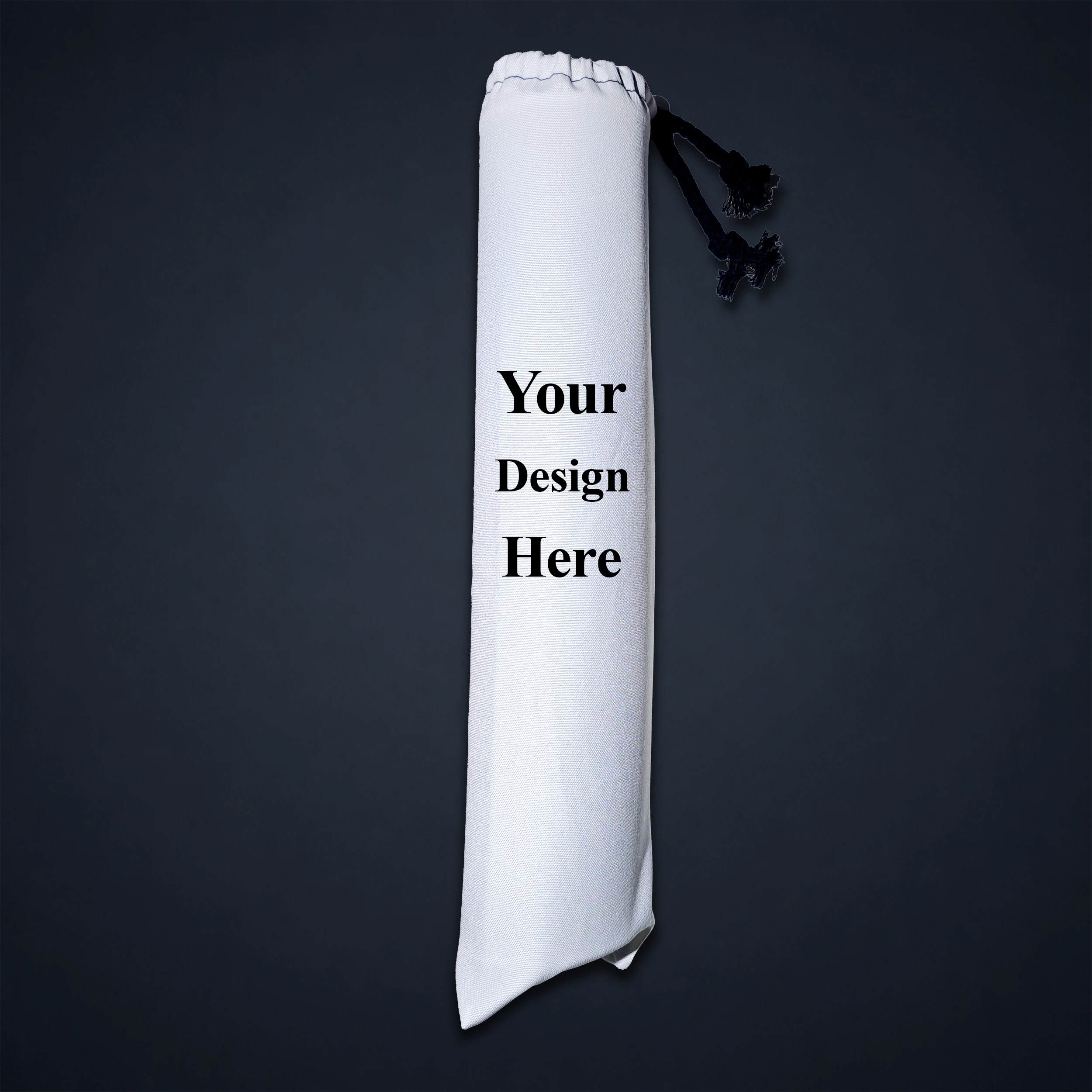 White custom playmat bag with a printable full-surface canvas exterior and drawstring closure
