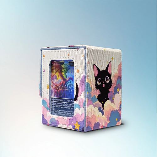 Commander deck box with side display window, cute black cat artwork, pastel clouds and stars, PU leather texture, and magnetic closure