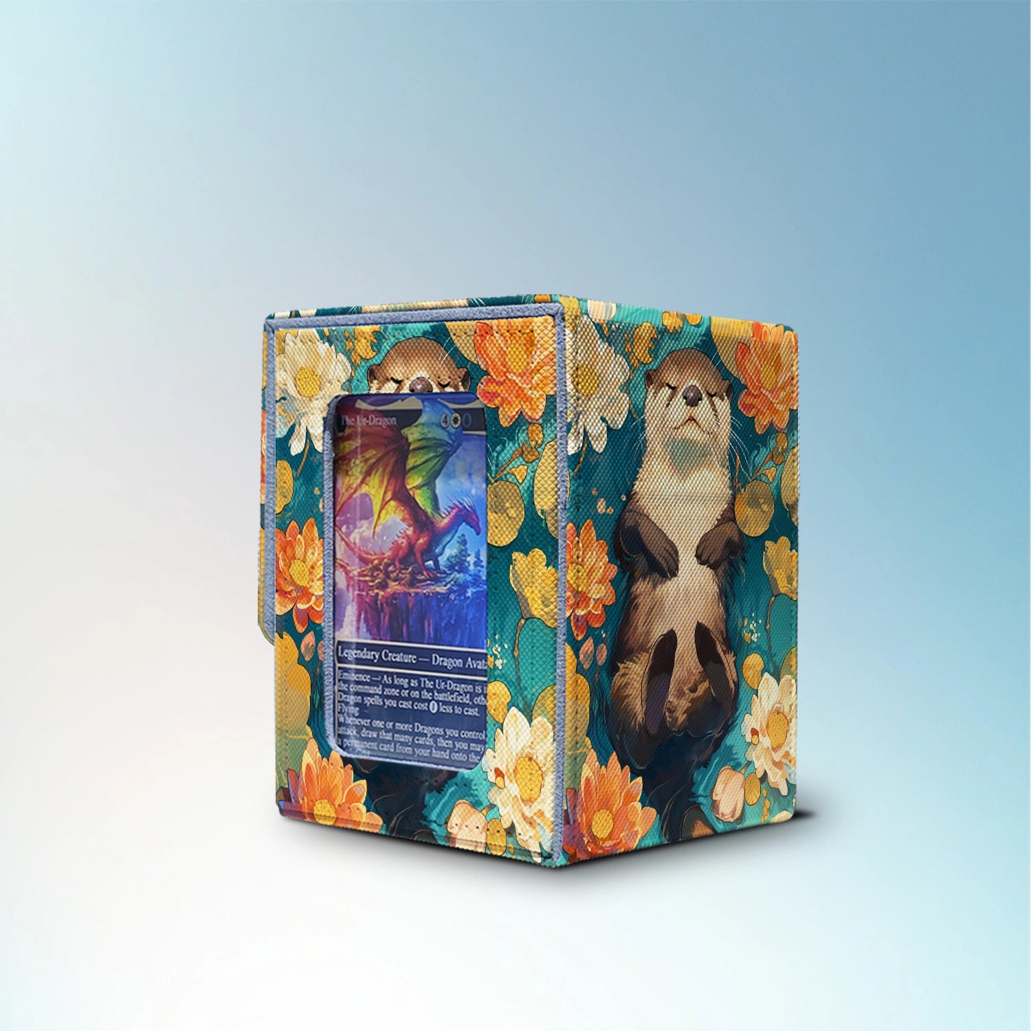 Commander deck box with side display window, teal floral pattern, cute otter artwork, PU leather diamond texture, and magnetic closure