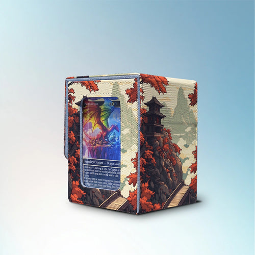 Autumn landscape MTG deck box with a side commander display window, PU leather diamond texture, red maple leaves, and magnetic closure