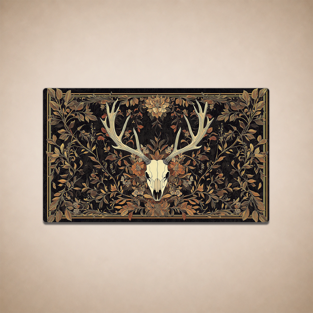 Gothic deer skull MTG playmat with ornate botanical artwork in black, gold and autumn tones, featuring stitched edges for TCG gameplay.