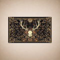 Gothic deer skull MTG playmat with ornate botanical artwork in black, gold and autumn tones, featuring stitched edges for TCG gameplay.