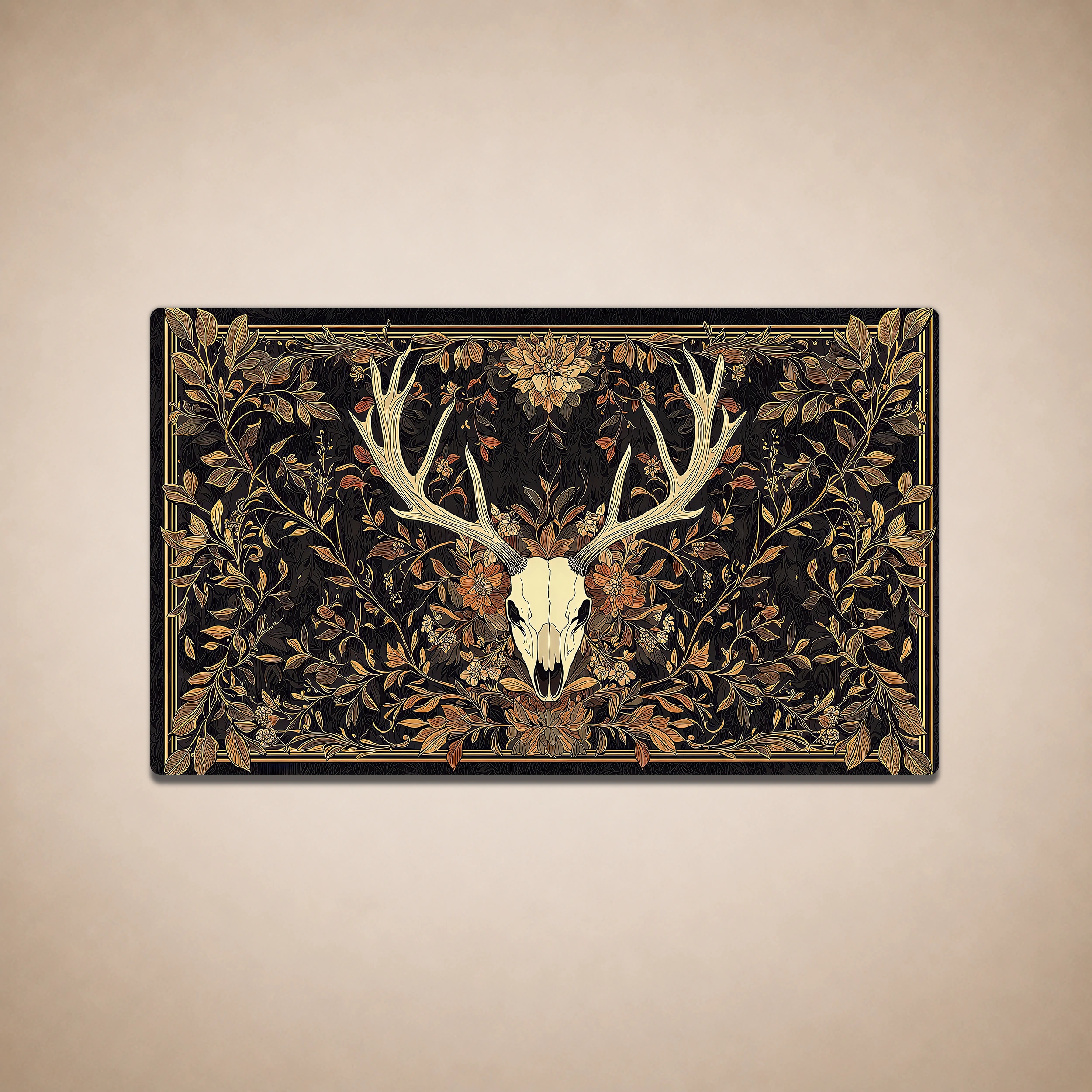 Gothic deer skull MTG playmat with ornate botanical artwork in black, gold and autumn tones, featuring stitched edges for TCG gameplay.