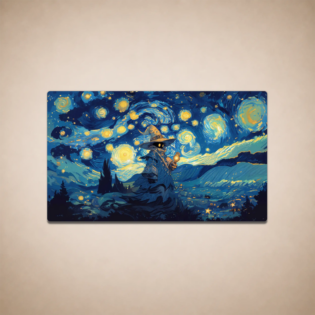 Vivi-inspired MTG playmat featuring a black mage beneath a swirling blue and gold starry sky.