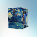 MTG deck box with Commander display window, featuring a blue and gold starry night wizard design with glowing eyes, swirling moons, and fantasy artwork.