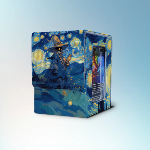 MTG deck box with Commander display window, featuring a blue and gold starry night wizard design with glowing eyes, swirling moons, and fantasy artwork.