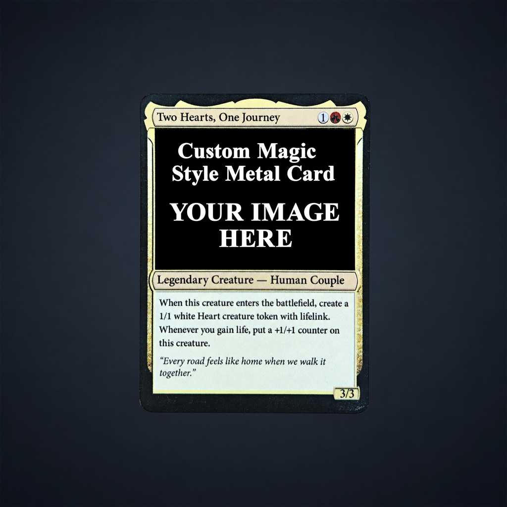 Custom metal card with a personalized photo area and fantasy trading card layout
