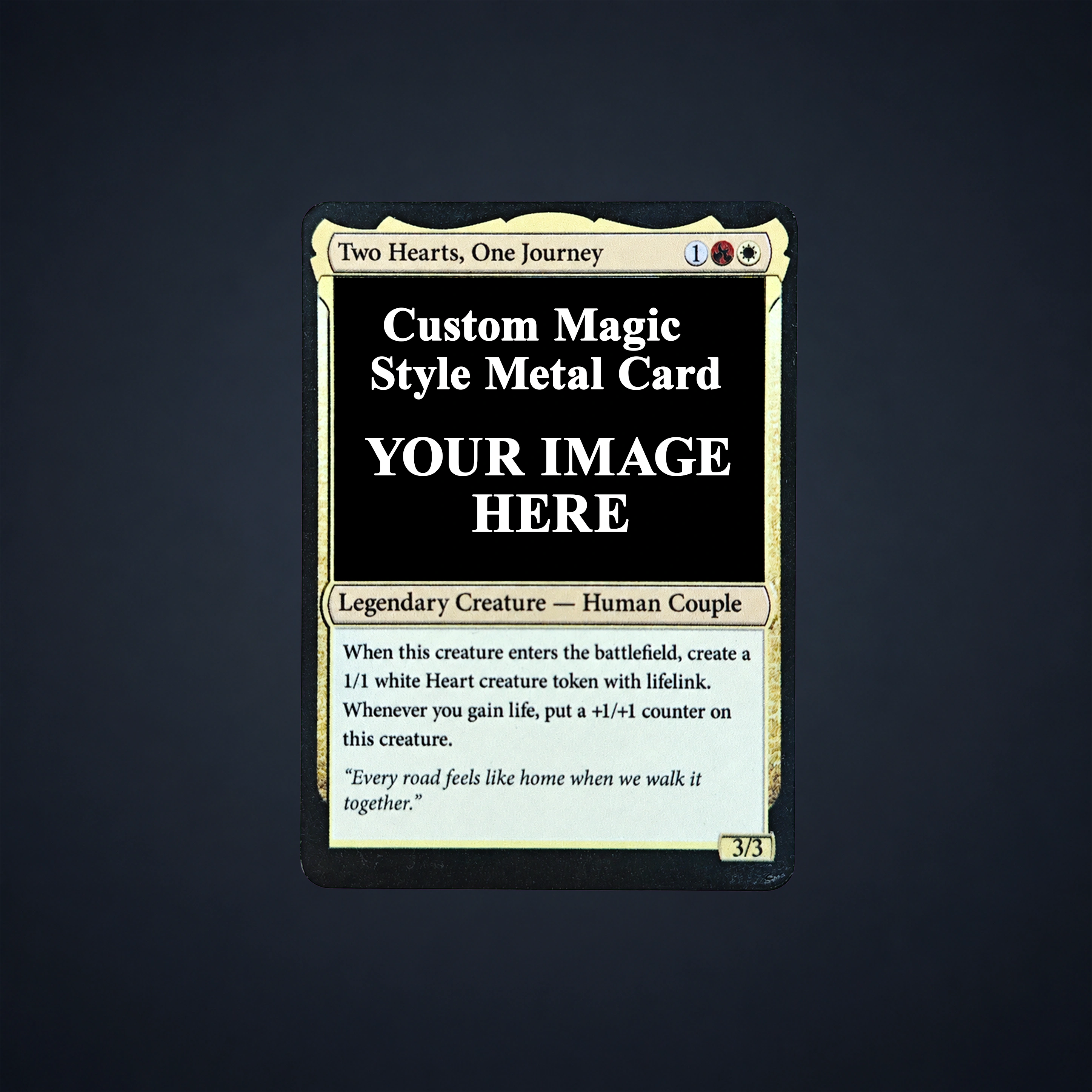 Custom metal card with a personalized photo area and fantasy trading card layout
