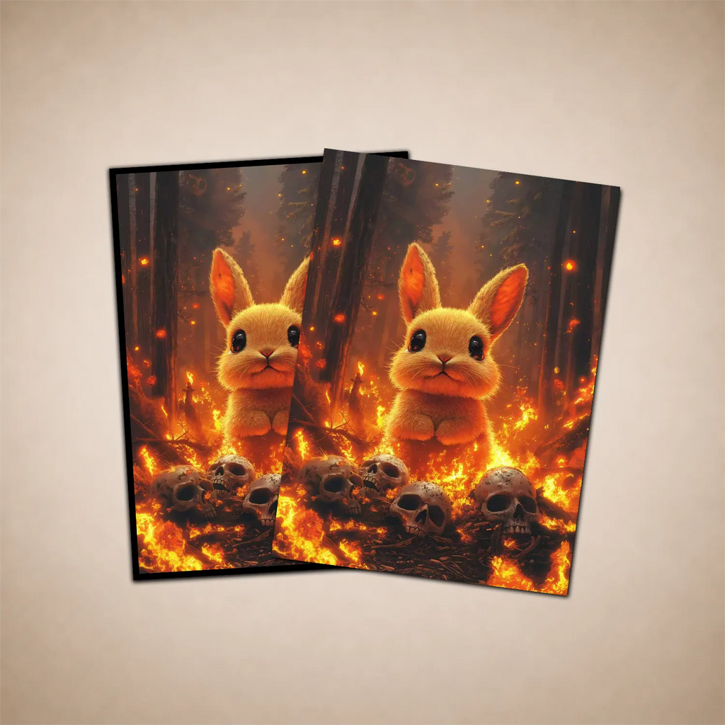 Two overlapping rectangular art prints or cards shown against a plain beige background. Each print features a small fluffy cream rabbit standing in a fiery forest with skulls in the foreground.