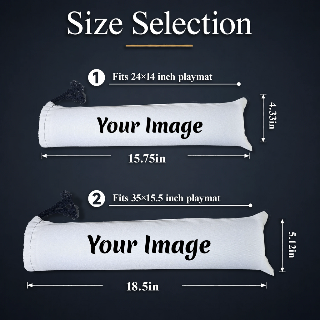 Custom canvas playmat bag size options for standard and large gaming mats
