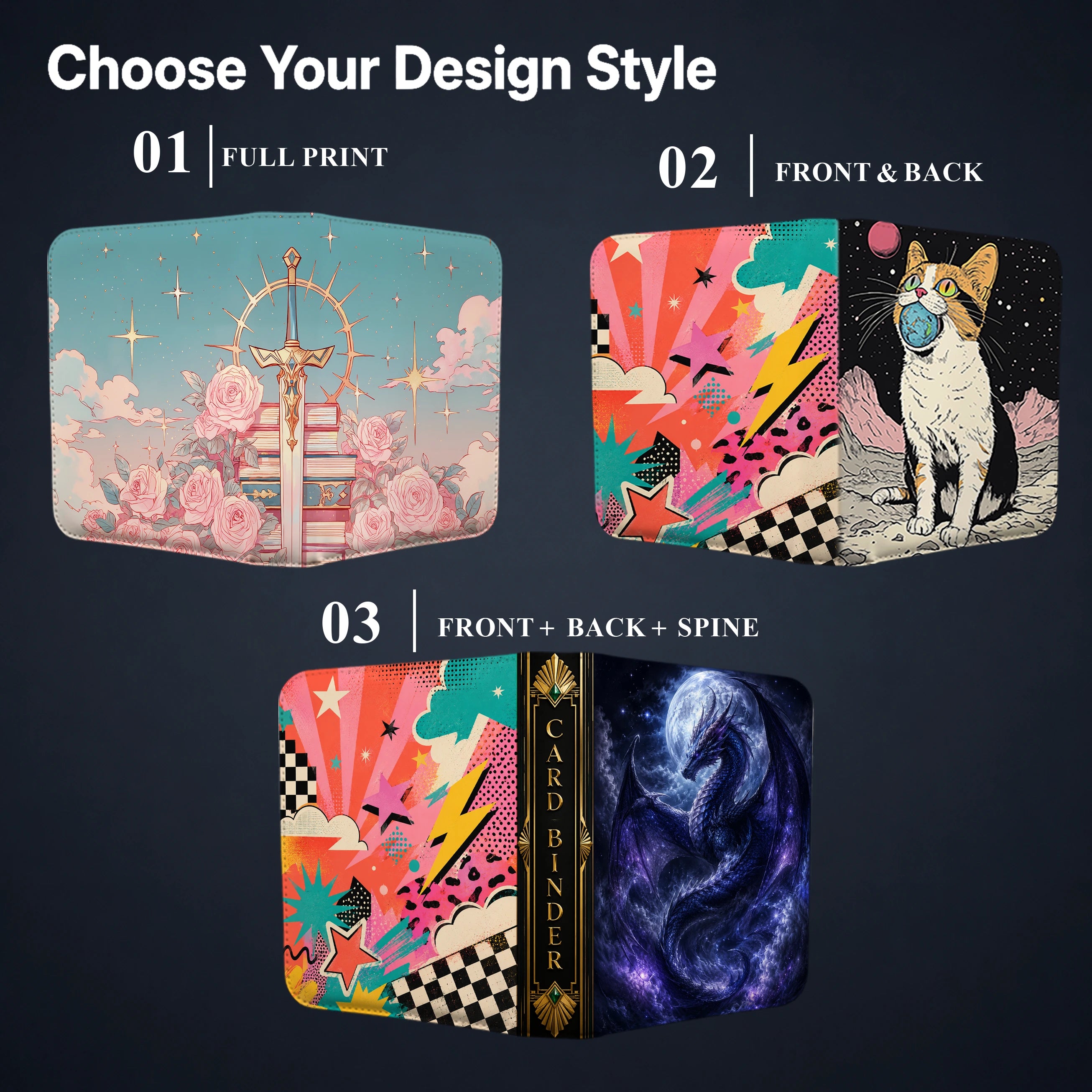Custom TCG binder design options for full print, front and back, or front, back and spine artwork