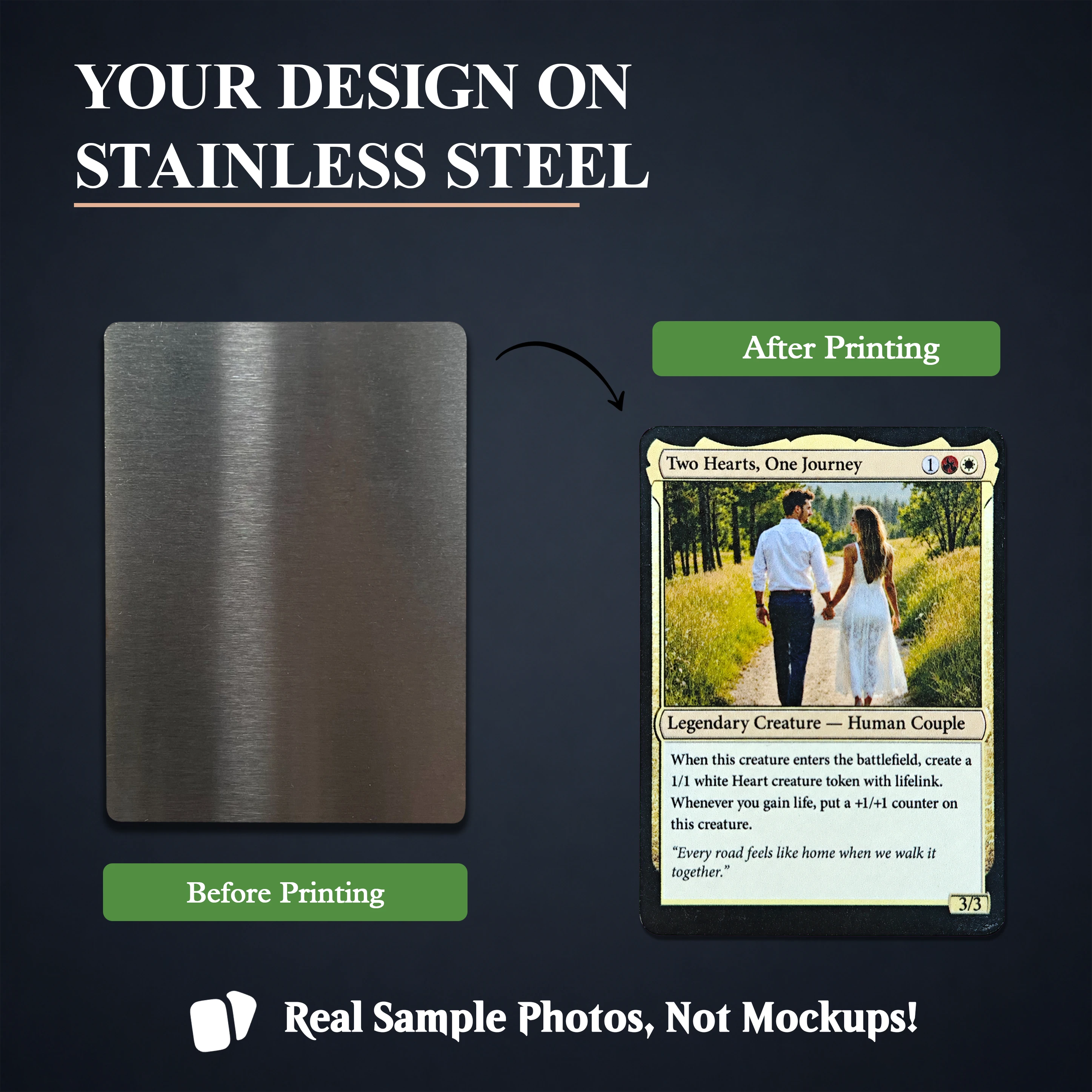 Stainless steel blank transformed into a personalized fantasy trading card with a couple’s photo