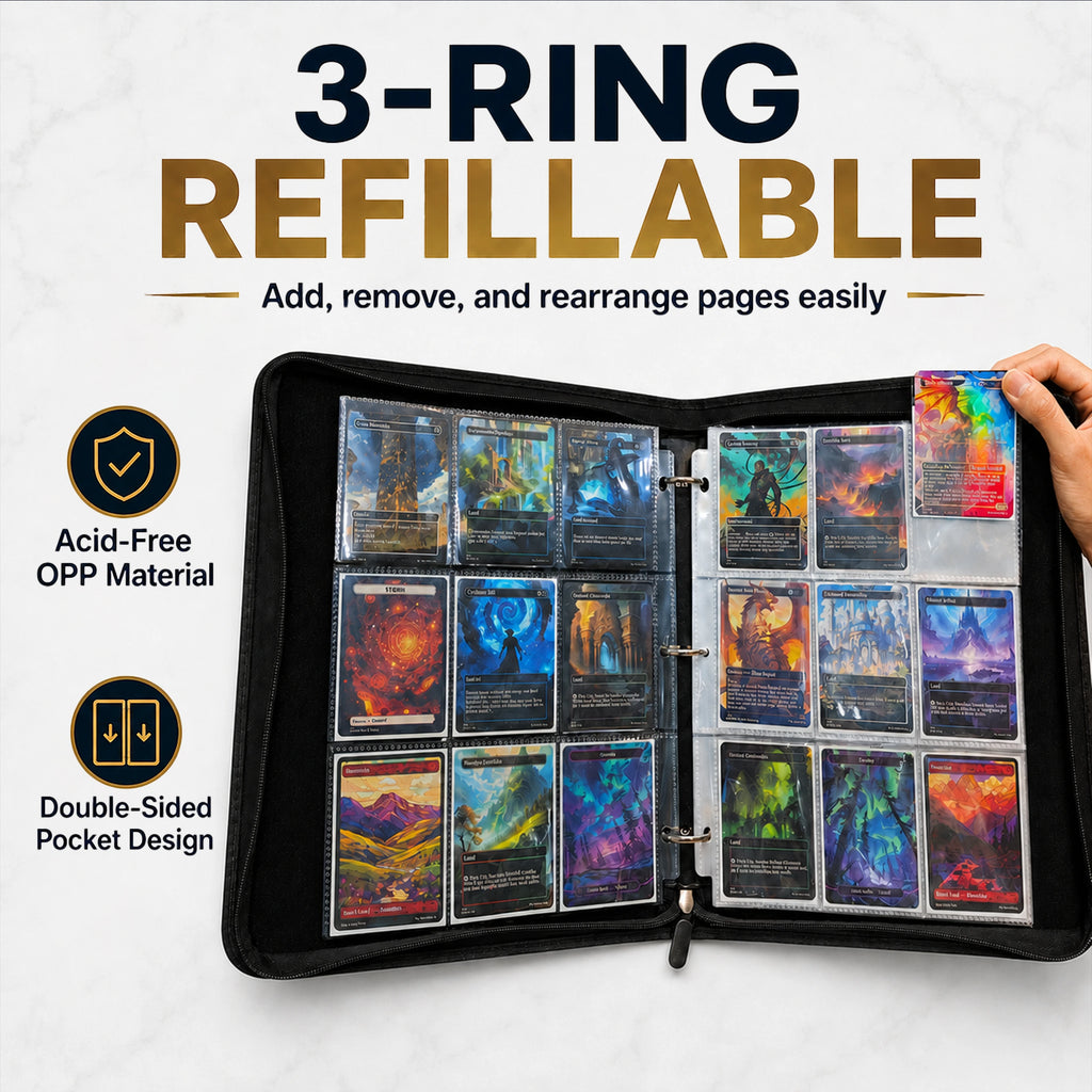 Three-ring refillable TCG binder with removable acid-free double-sided card pages