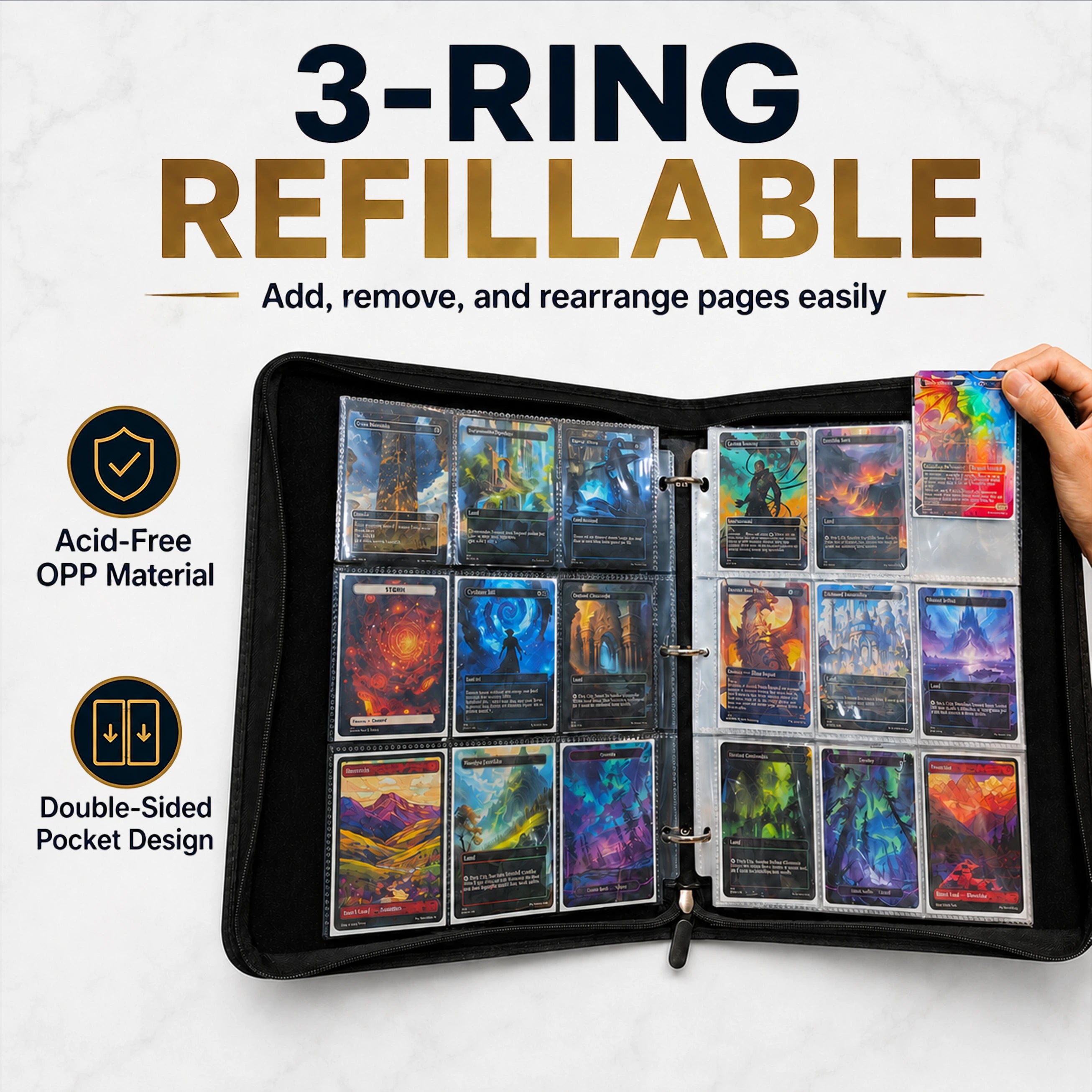 Three-ring refillable TCG binder with removable acid-free double-sided card pages