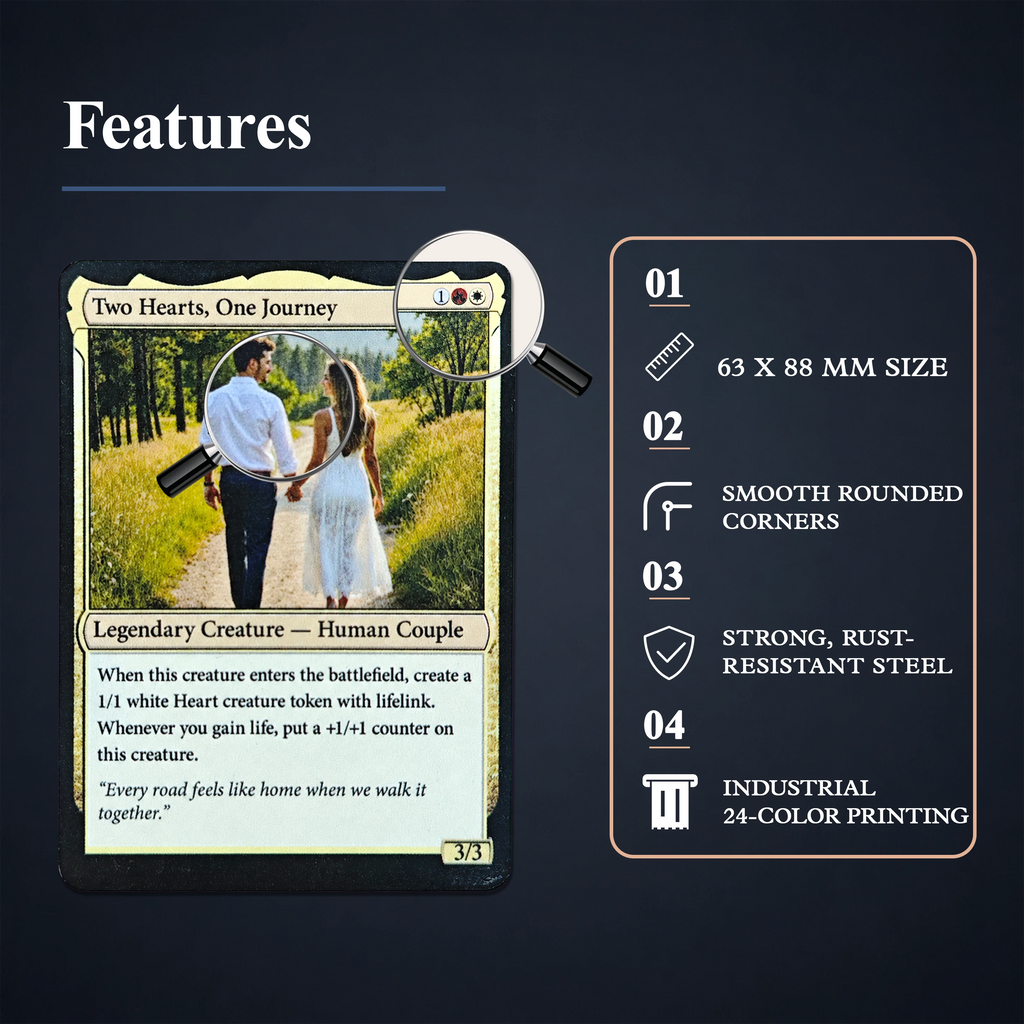 Standard-size stainless steel custom card with rounded corners and detailed color printing
