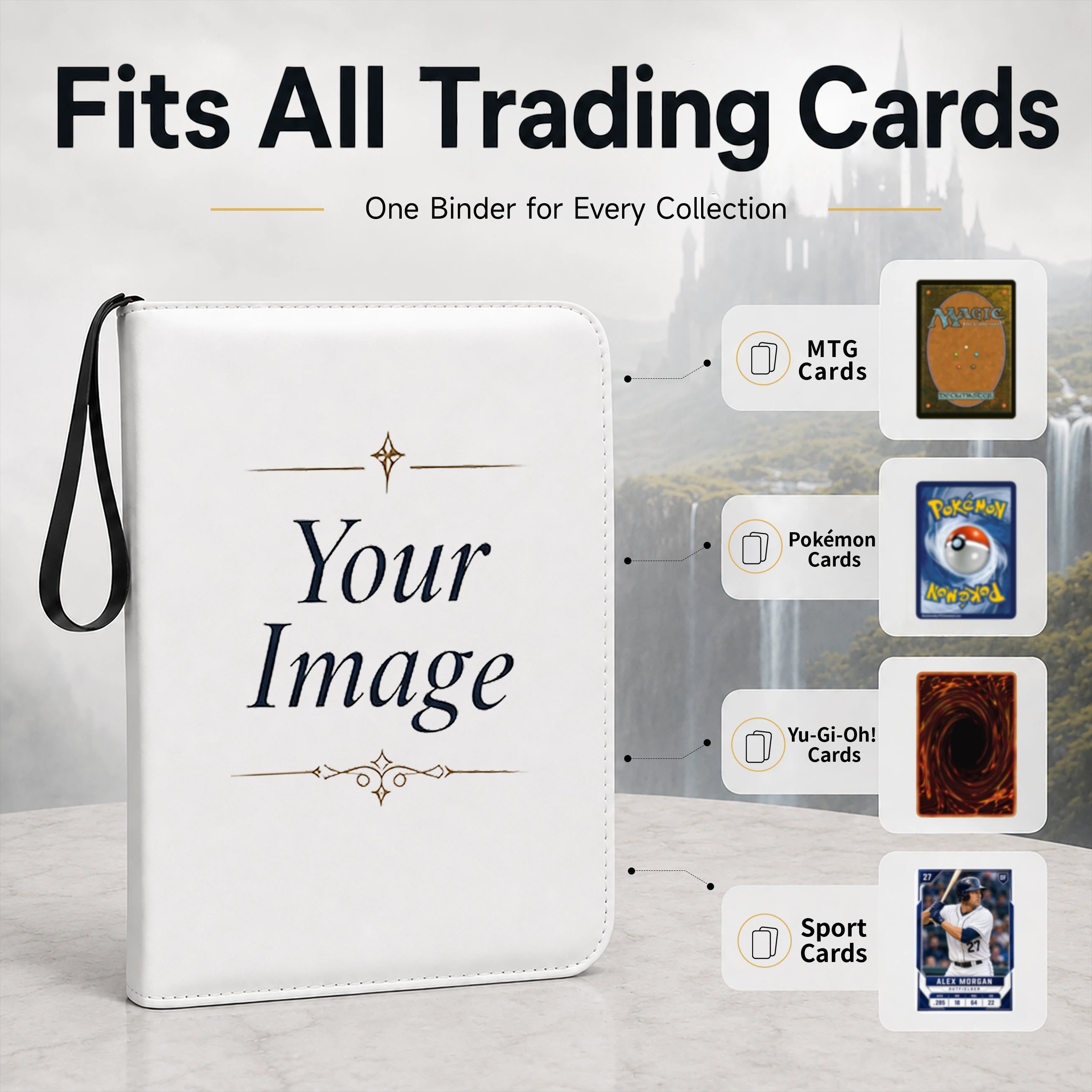 Custom card binder designed for trading cards, collectible cards and sports cards
