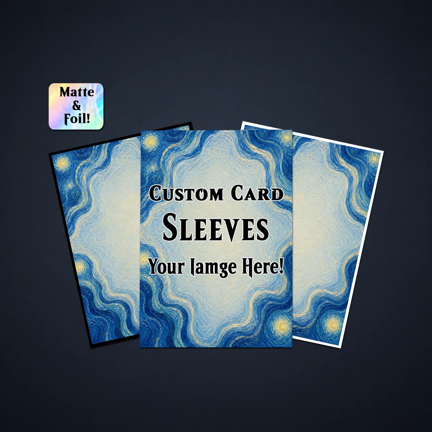 Three custom card sleeves with a blue and cream marbled swirl pattern, displayed on a dark background. The center sleeve features the text 'CUSTOM CARD SLEEVES Your Image Here!'.