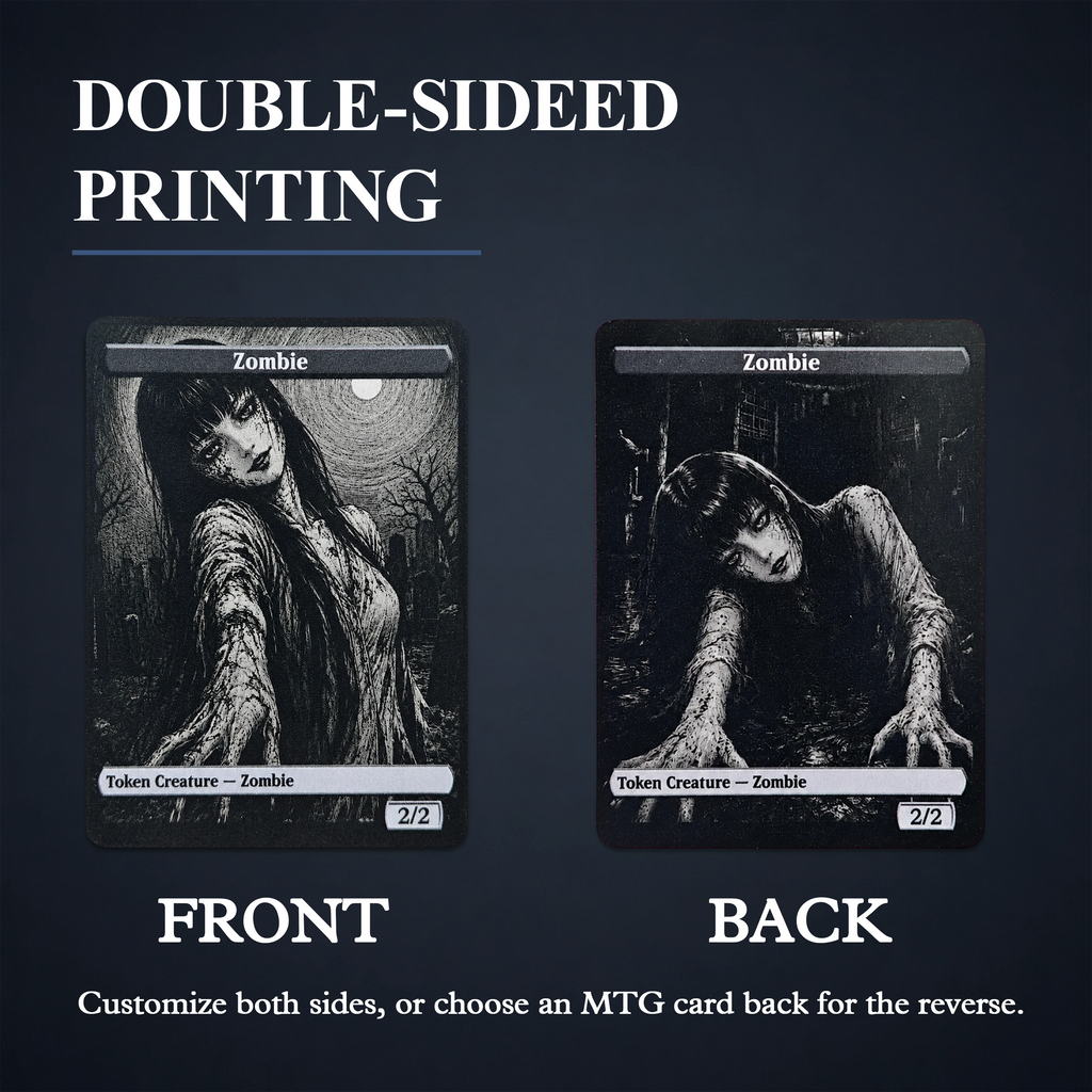 Front and back examples of double-sided printing on a personalized metal trading card
