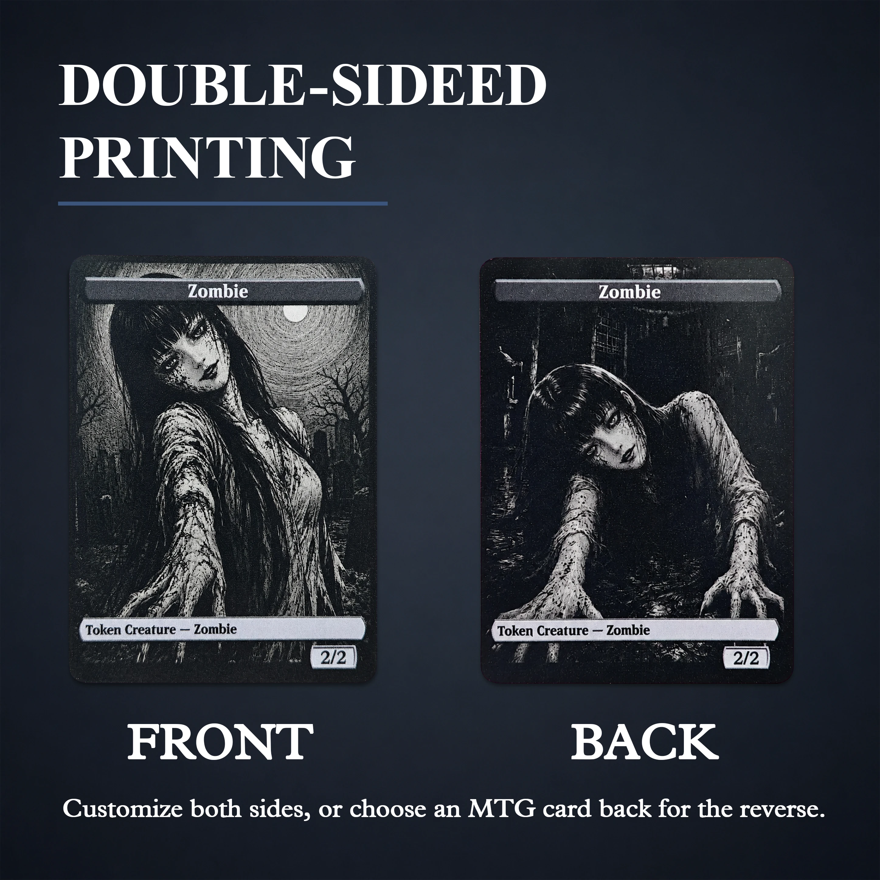 Front and back examples of double-sided printing on a personalized metal trading card
