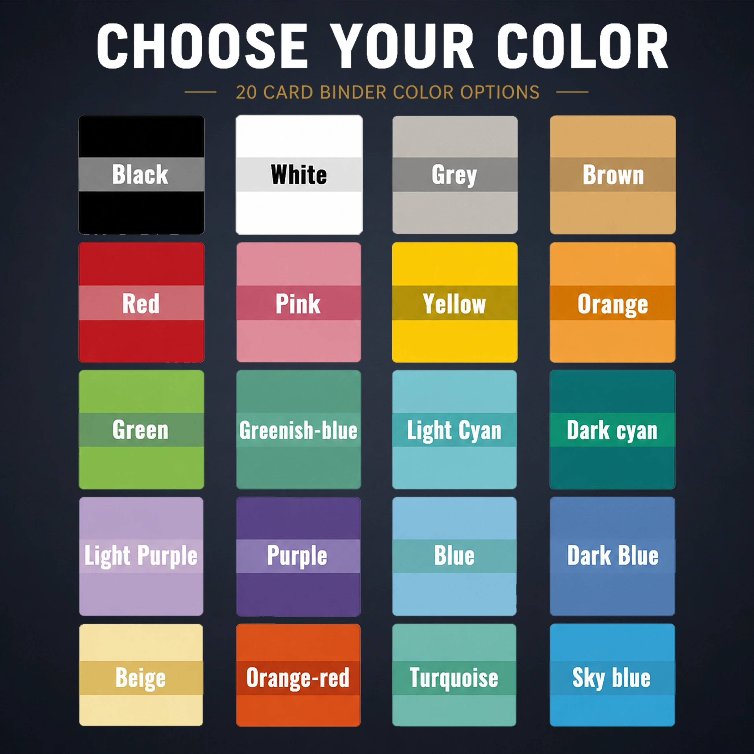 Twenty PU leather color options available for a personalized custom binder
