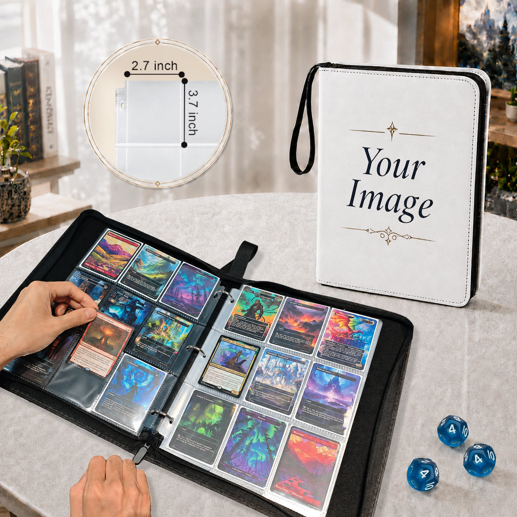 Custom nine-pocket TCG binder with 2.7 by 3.7 inch card pockets and refillable pages
